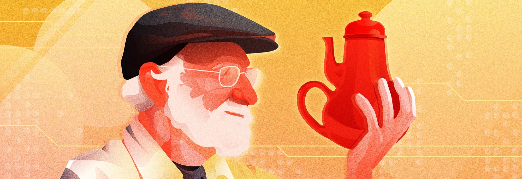 Retrato ilustrado de Don Norman sosteniendo la tetera imposible de la portada de su libro