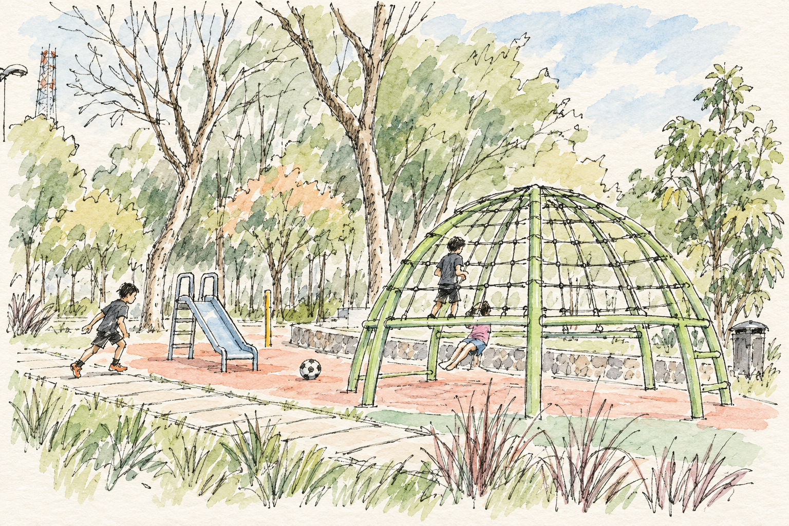 Ilustración del parque ficticio, con juegos, árboles, niños, un balón y senderos